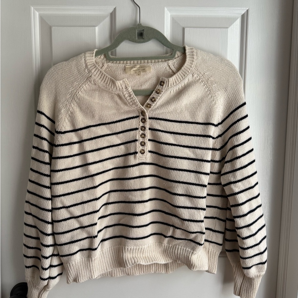 Sezane Cream and Navy Crew Neck Sweater with Stripes